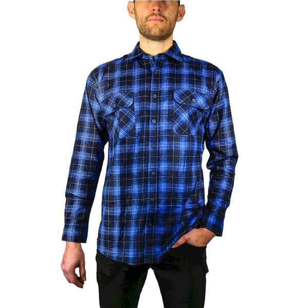 Mens 100% Cotton Flannelette Shirt Long Sleeve Check Authentic Flannel - Blue 4XL