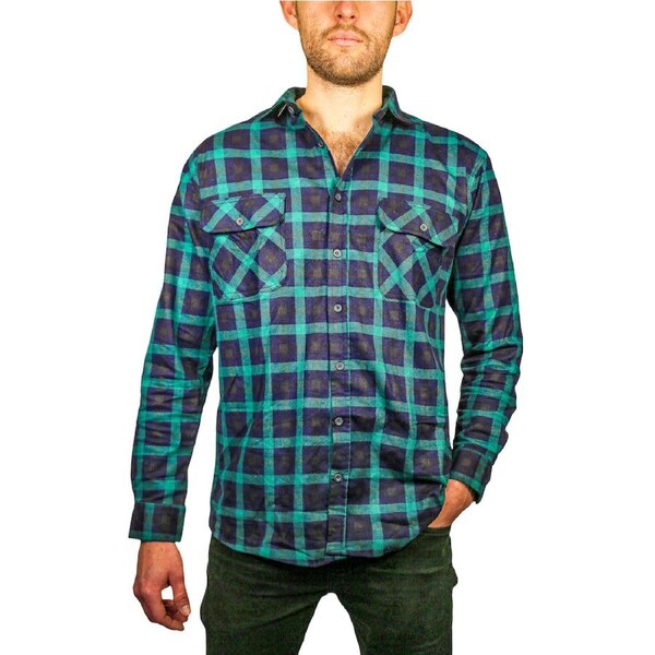 Mens 100% Cotton Flannelette Shirt Long Sleeve Check Authentic Flannel - Green/Navy 3XL