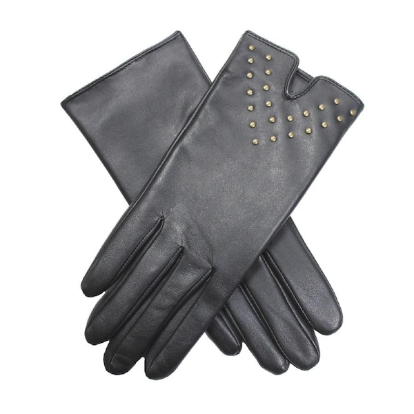 Dents Womens Leather Gloves with Gold Stud Trim - Black Medium