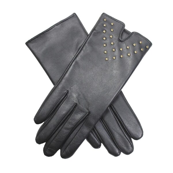 Dents Womens Leather Gloves with Gold Stud Trim - Black Large