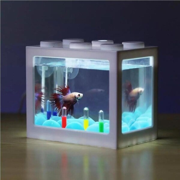 Mini Fish Tank Desktop Building Block Aquarium with LED (White)