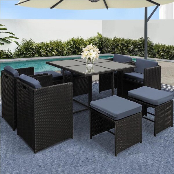 Gardeon 5/9/11/13 pcs Outdoor Dining Set Patio Furniture Lounge Setting Wicker Black 9PCS Hawaii - Black