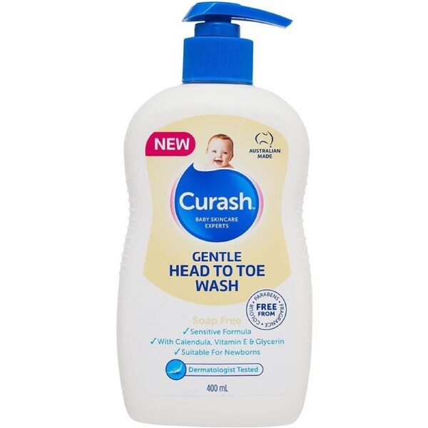 Curash Head to Toe Wash - Ideal for Newborns - for Sensitive Skin - with Calendula, Vitamin E & Glycerin - Soap, Alcohol, Paraben & Irritant Free - Over 90% Natural Products - Baby Essentials - 400ml
