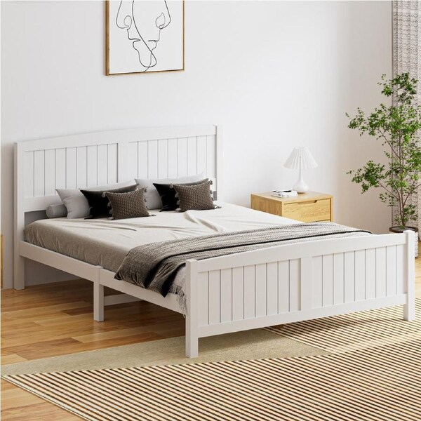 Oikiture Bed Frame Queen Size Wooden Base Timber Platform White