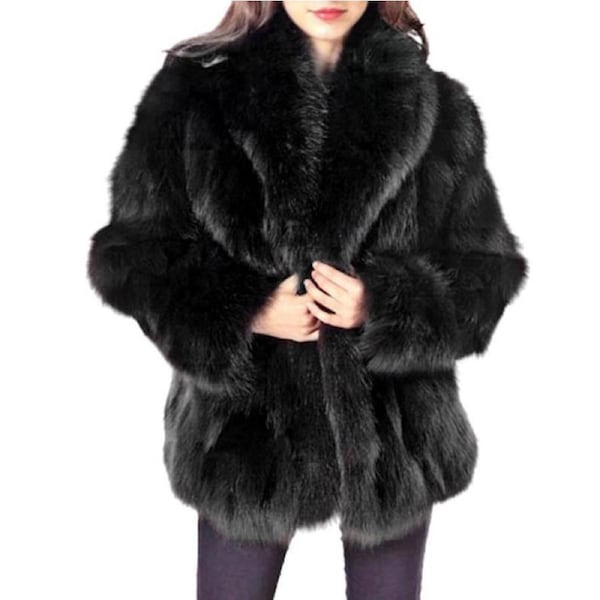 Nevenka Womens Winter Warm Fluffy Faux Fur Coat Thickened Mid Length Plush Jacket-Black XL