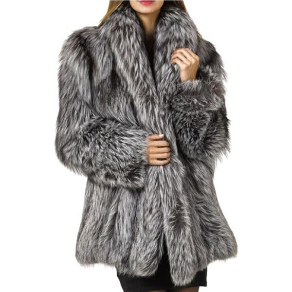 Nevenka Womens Winter Warm Fluffy Faux Fur Coat Thickened Mid Length Plush Jacket-Black White L