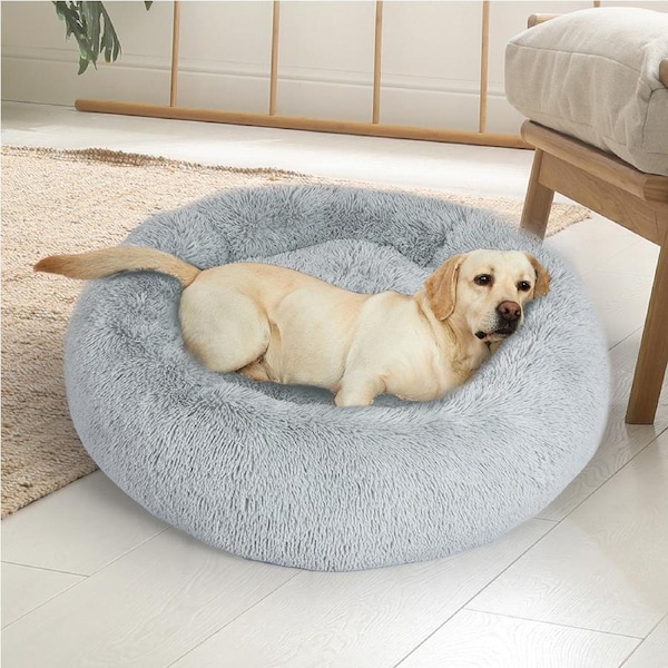 Pawz Pet Dog Calming Bed Warm Soft Plush Round Comfy Sleeping Washable Grey M(60cm x 60cm x 25cm)