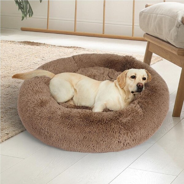 Pawz Dog Calming Bed Warm Soft Plush Thicker Round Comfy Sleeping Large Washable Brown / XXL(100cm x 100cm x 27cm)