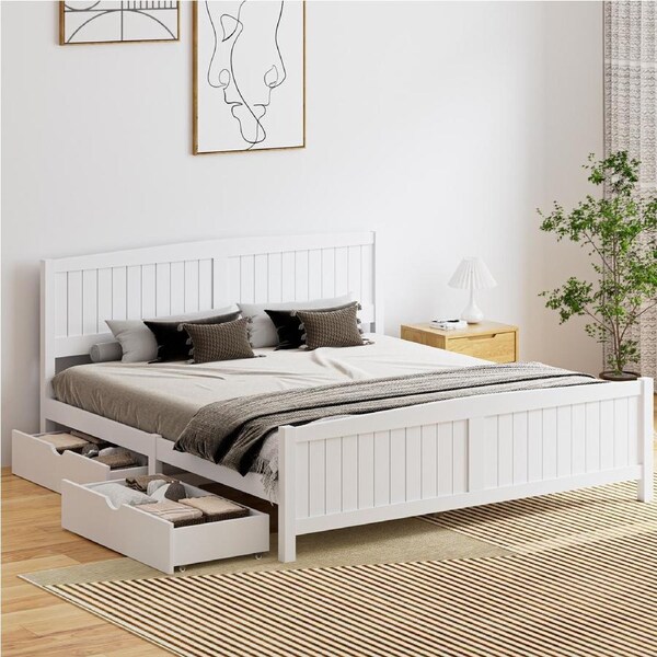 Oikiture Wooden Bed Frame King Size Base with Storage Drawers White