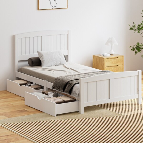Oikiture Wooden Bed Frame King Single Base with Storage Drawers White