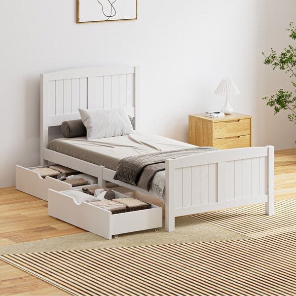 Oikiture Wooden Bed Frame Single Size Base with Storage Drawers White