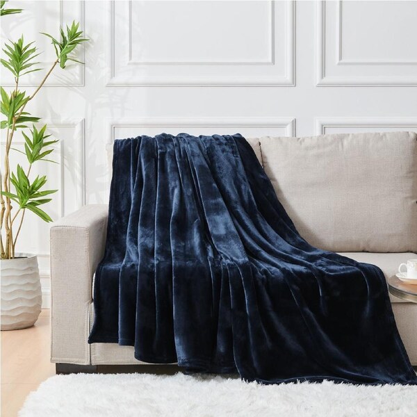 LINENOVA Flannel Fleece Throw Blanket Cozy Soft Blanket - Navy