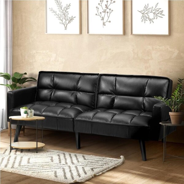 Oikiture Sofa Bed Futon Convertible Leather Lounge Couch 3-Seater Recliner Black