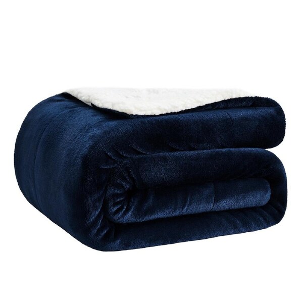 LINENOVA Sherpa Flannelette Fleece Throw Blanket Soft Warm Blanket - Navy