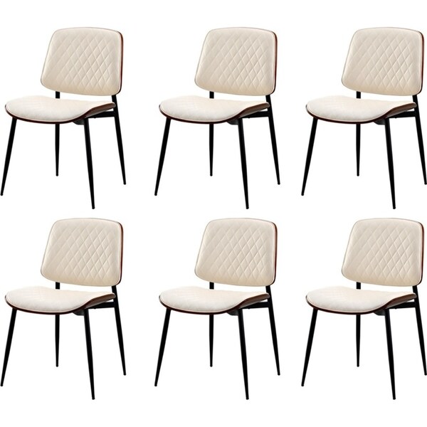 Oikiture 6x Dining Chairs Retro Faux Leather Solid Beech Wood Metal Legs White