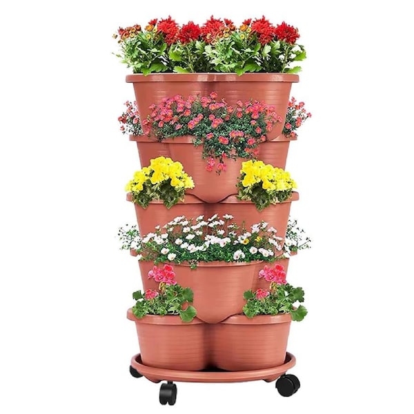 SpringUp 5 Tier Vertical Garden Strawberry Stackable Planters Herbs Petunias Pancy Brick Red
