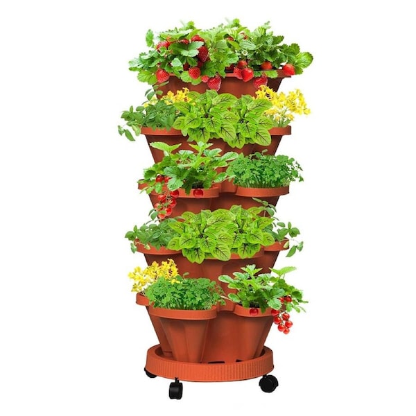 SpringUp Garden Bed 5 Tier Vertical Garden Strawberry Stackable Planters Herbs Petunias Pancy Brick Red