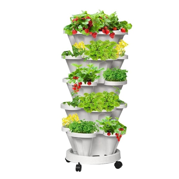 SpringUp Garden Bed 5 Tier Vertical Garden Strawberry Stackable Planters Herbs Petunias Pancy White