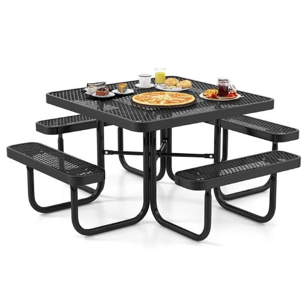 Costway 8-Person Patio Square Picnic Table & 4 Bench Set w/Umbrella Hole Outdoor Commercial Table Black