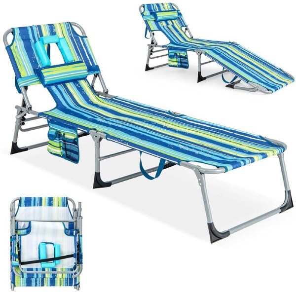 Costway Outdoor Adjustable Beach Lounge Chair Folding Chaise Lounge w/Pillow Multicolor