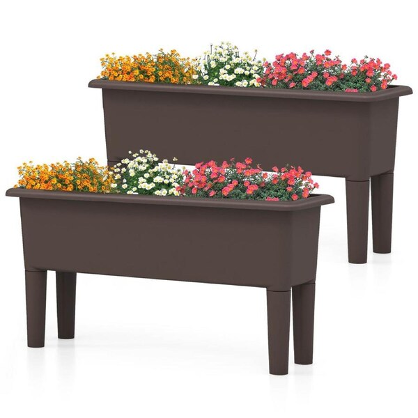 Costway 2 x 29L Raised Garden Beds Elevated Planter Box Outdoor Flower Container w/Drainage Hole Coffee