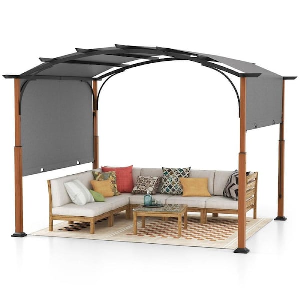 Costway 3 x 3.6m Outdoor Retractable Pergola Arched Patio Pergola w/Retractable Canopy for Garden Porch Backyard Beige