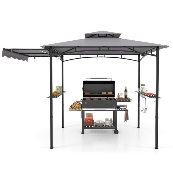 Costway 318 x 153 cm BBQ Grill Gazebo w/Side Awning & Double-Tiered Top Outdoor Barbecue Canopy Patio Tent Shelter