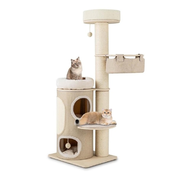 Costway 155CM Cat Tree Cat Tower Scratching Post w/2-stoery Condo Cat Toy Furniture Natural