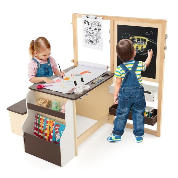 Babyjoy Kids Painting Table & Bench Set Bookshelf w/Double-Sided Art Easel & Cup Holders Toddler Art Center Desk