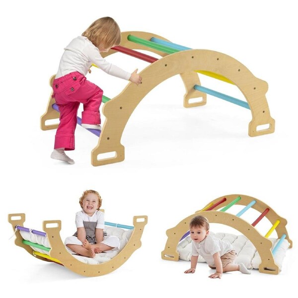 Babyjoy Climb Playset Kids Climbing Arch & Rocker Wooden Children Climbing Frame w/Cushion Indoor Outdoor Colorful