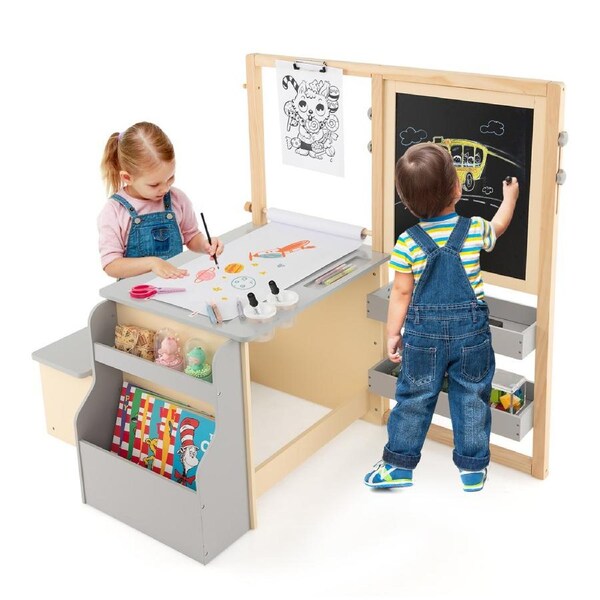 Babyjoy Kids Painting Table & Bench Set Bookshelf w/Double-Sided Art Easel & Cup Holders Toddler Art Center Desk Grey