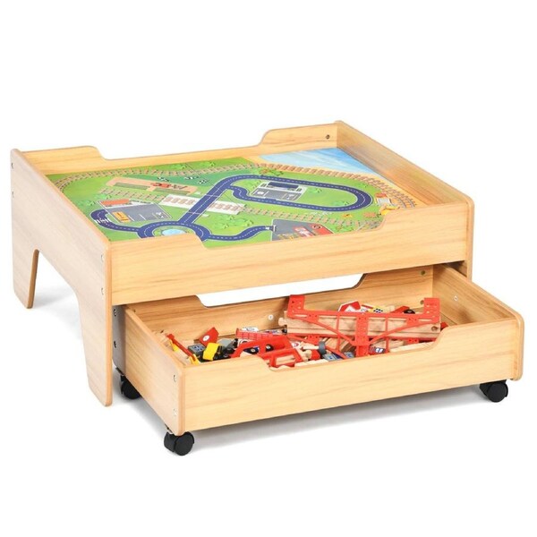 Babyjoy Kids Wooden Train Railway Track Table Set Activity Playset Table w/Storage Drawer Xmas Gift for Age 3+