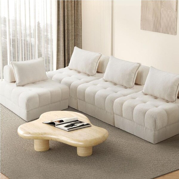 Oikiture 4 Seater Boucle Modular Sofa Lounge Chair Armless TOFU Back White