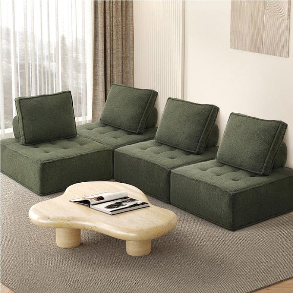 Oikiture 4PCS Modular Sofa Lounge Chair Armless TOFU Back Sherpa Green