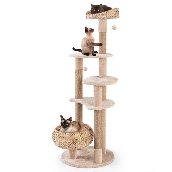 Costway 164CM Wooden Cat Scratching Post w/Dangling Balls & Hand Made Basket Bed Beige