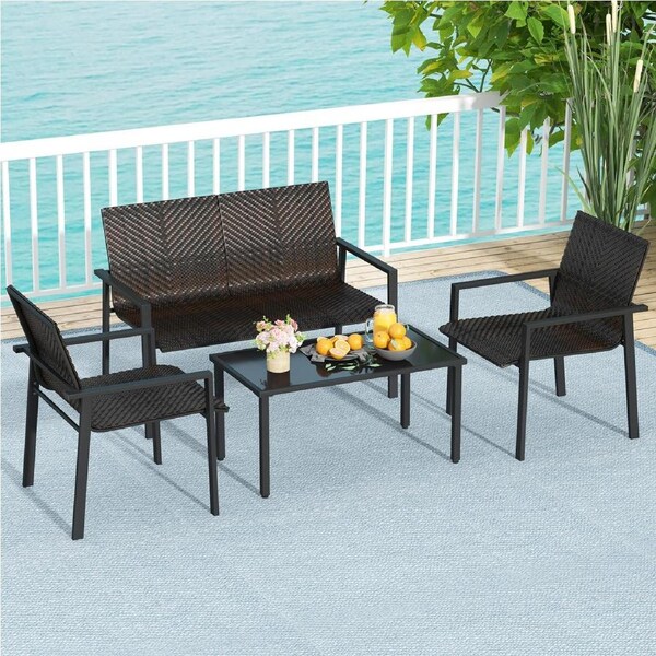 Costway 4PCS Outdoor Dining Set Wicker Patio Set w/Metal Frame Outdoor Furniture Brown