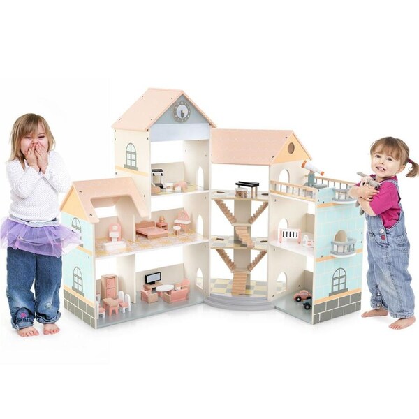 Costway Wooden Corner Dollhouse Playset DIY Pretend Dream House Orange Roof w/42 Accessories Birthday Gift