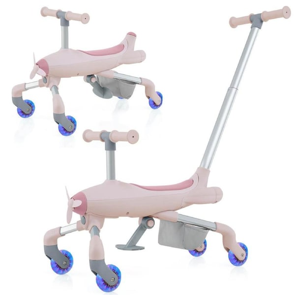 Costway 2-in-1 Ride-on Push Car Plane-Themed Foot-to-Floor Sliding Toy w/Removable Handle & Rear Storage Basket Pink