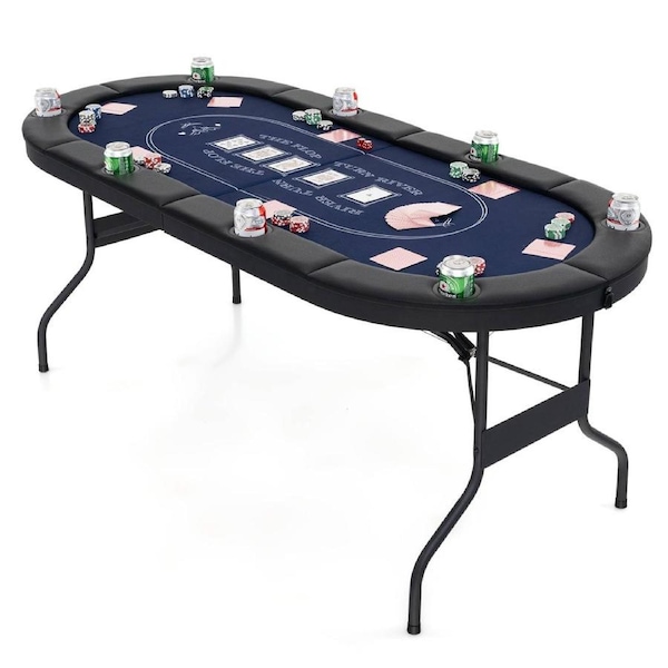 Costway 8-Player Poker Table Foldable Card Board Portable Game Table w/8 Cup Holders Blue