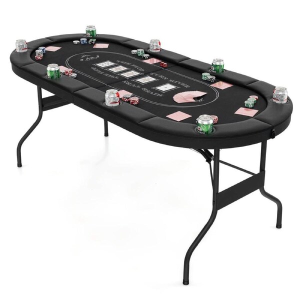 Costway 8-Player Poker Table Foldable Card Board Portable Game Table w/8 Cup Holders Black