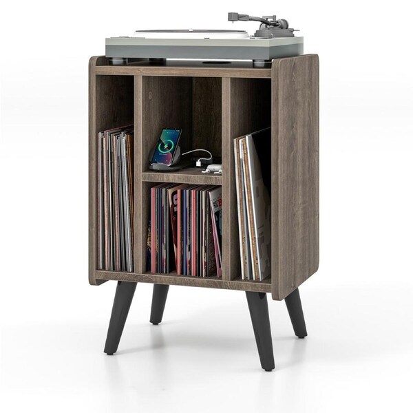 Costway Industrial Side End Table Nightstand Tea Table Record Player Stand w/Power Outlet & USB Magazine CD Audio Holder