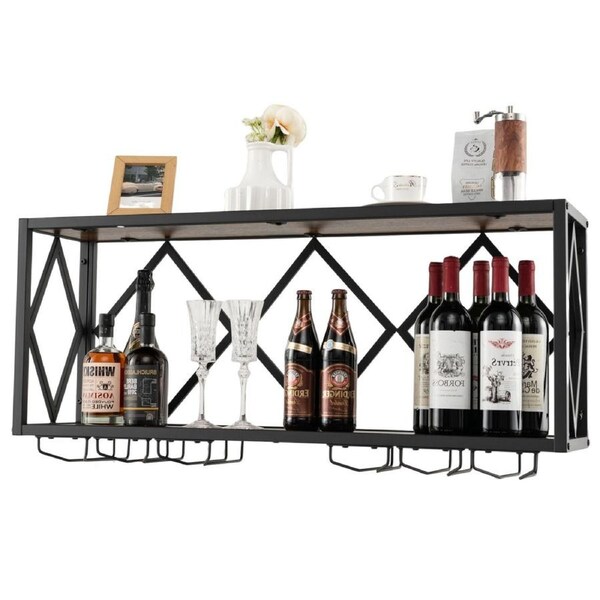 Costway 2PCS 2-Tier Wall Mounted Wine Rack Wine Storage Shelf Cellar Display w/Glass Holder Black