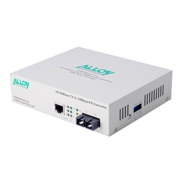 Alloy POE200SC PoE PSE Fast Ethernet Media Converter, has a 10/100Mbps PoE RJ-45 port and a SC terminated multimode fibre port