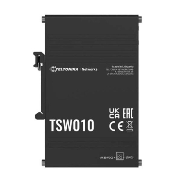 Teltonika TSW010 DIN Rail Ethernet Switch, 5x Ethernet ports with speeds of up to 100 Mbps, Integrated DIN rail bracket, Plug and Play