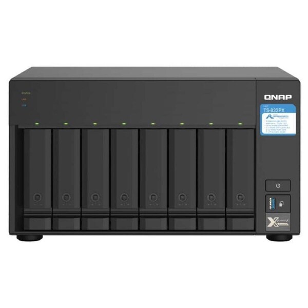 QNAP TS-832PX-4G 8-Bay NAS, AL324 64-bit quad-core 1.7GHz, 4GB DDR4 SODIMM RAM(1 x 4GB, max 16GB), 8 x 3.5"/ 2.5" drive slots, 2 x 10GbE SFP+ LAN, 2 Years WTY