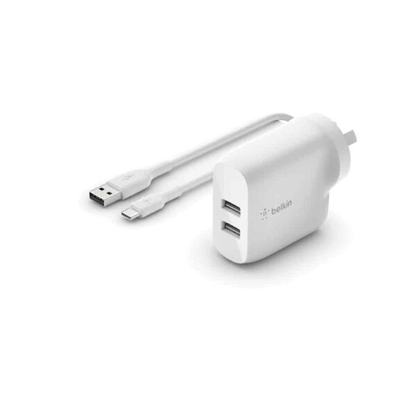 Belkin BoostCharge Dual USB-A Wall Charger 24W + USB-C to USB-A cable (1M) - White (WCE001au1MWH), 2xUSB-A (12W), Dual Port Fast Charger
