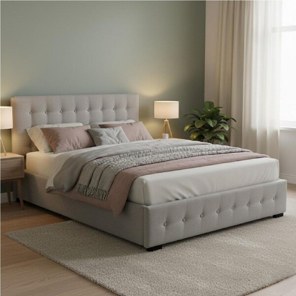 Levede Gas Lift Bed Frame with Storage, Fabric Finish Queen / Fabric-Grey