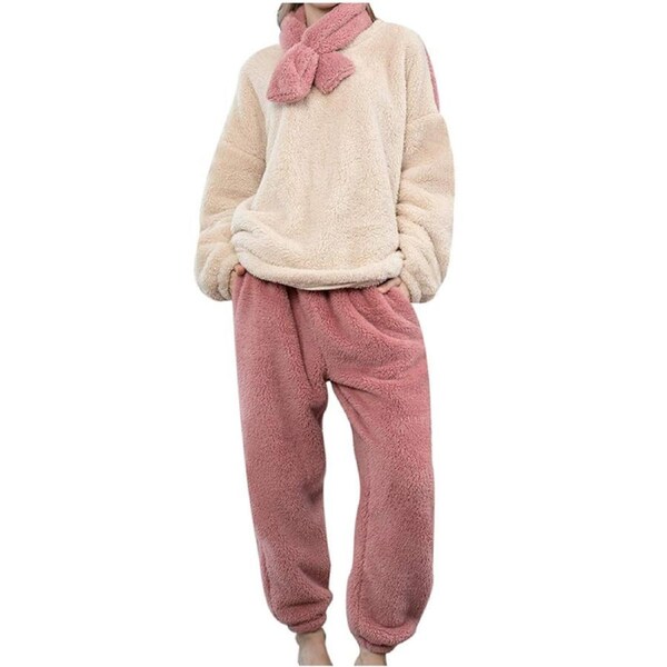 Nevenka Womens Thickened Coral Fleece Pajamas Set with Scarf-Beige XL