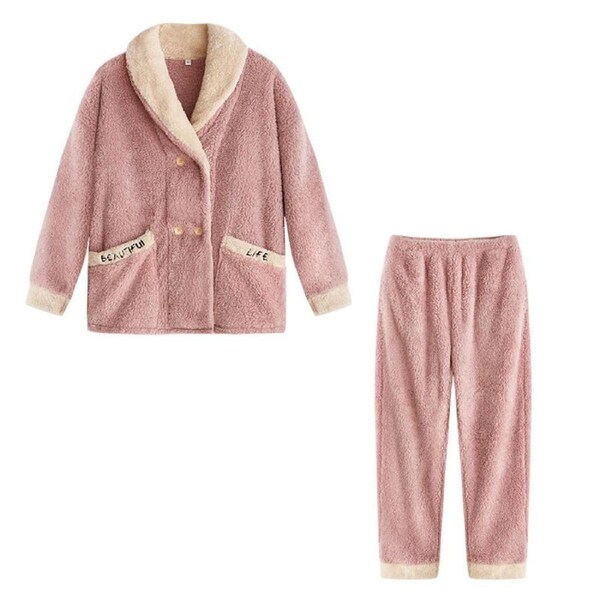 Nevenka Womens Plush Pajamas Cardigan Set Loungewear-Pink M