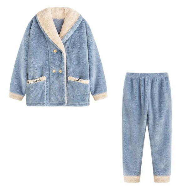 Nevenka Womens Plush Pajamas Cardigan Set Loungewear-Haze Blue L